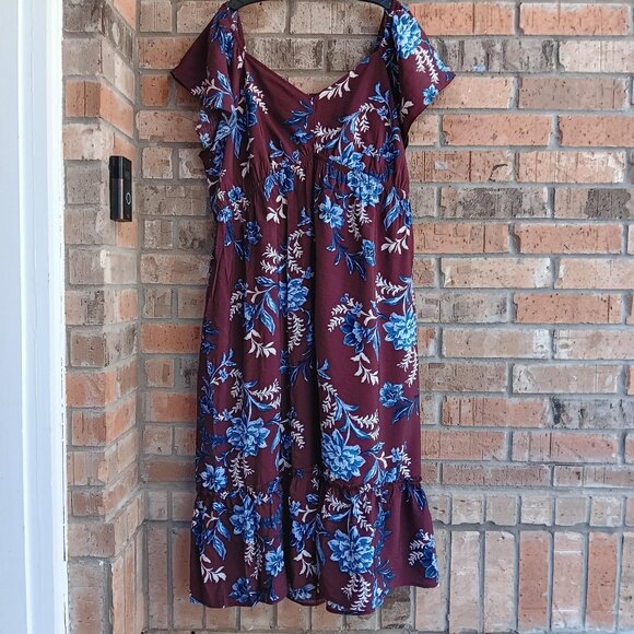Terra & Sky Women's Plus Flutter Sleeve Midi Tiered Dress Maroon Floral Size 3X - Picture 9 of 15